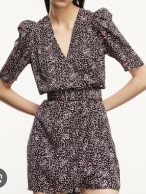 The Kooples Black & Pink Printed V-Neck Belted Dress XS